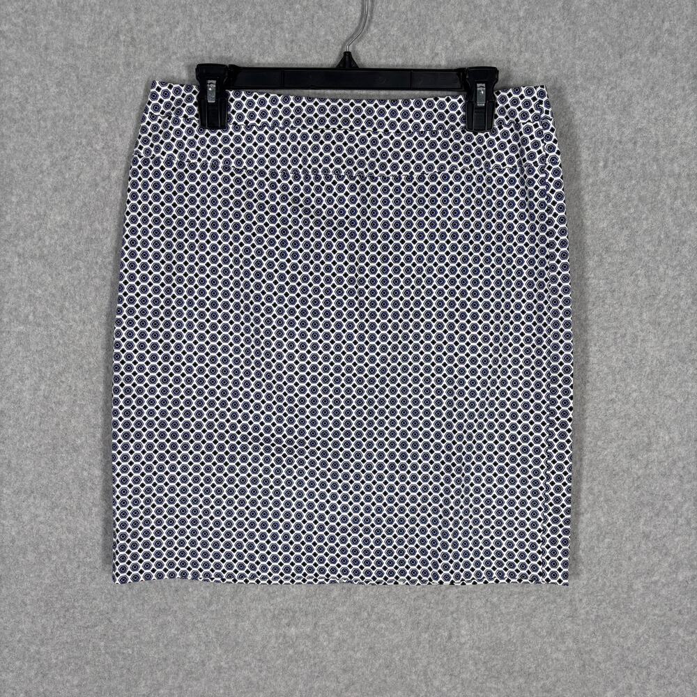 Donna Ricco Mini Skirt 6 Navy White Medallion Cotton Stretch‎ Preppy Equestrian